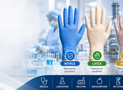 Comparatif entre gants nitrile, latex et vinyle utilisés dans les secteurs médical, laboratoire, industrie, agroalimentaire et nettoyage professionnel