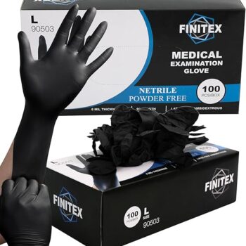 Boîte de 100 Gants nitrile noir sans poudre, ambidextres, résistants et adaptés aux usages médicaux, industriels et agroalimentaires.