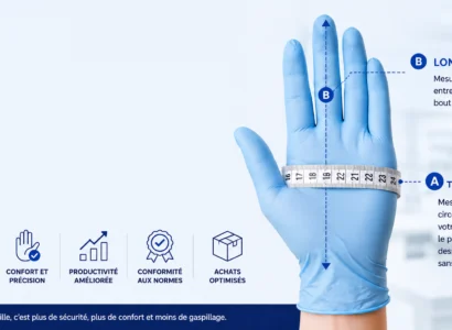 Guide visuel expliquant comment choisir la bonne taille de gants professionnels en mesurant le tour de main et la longueur de la main.